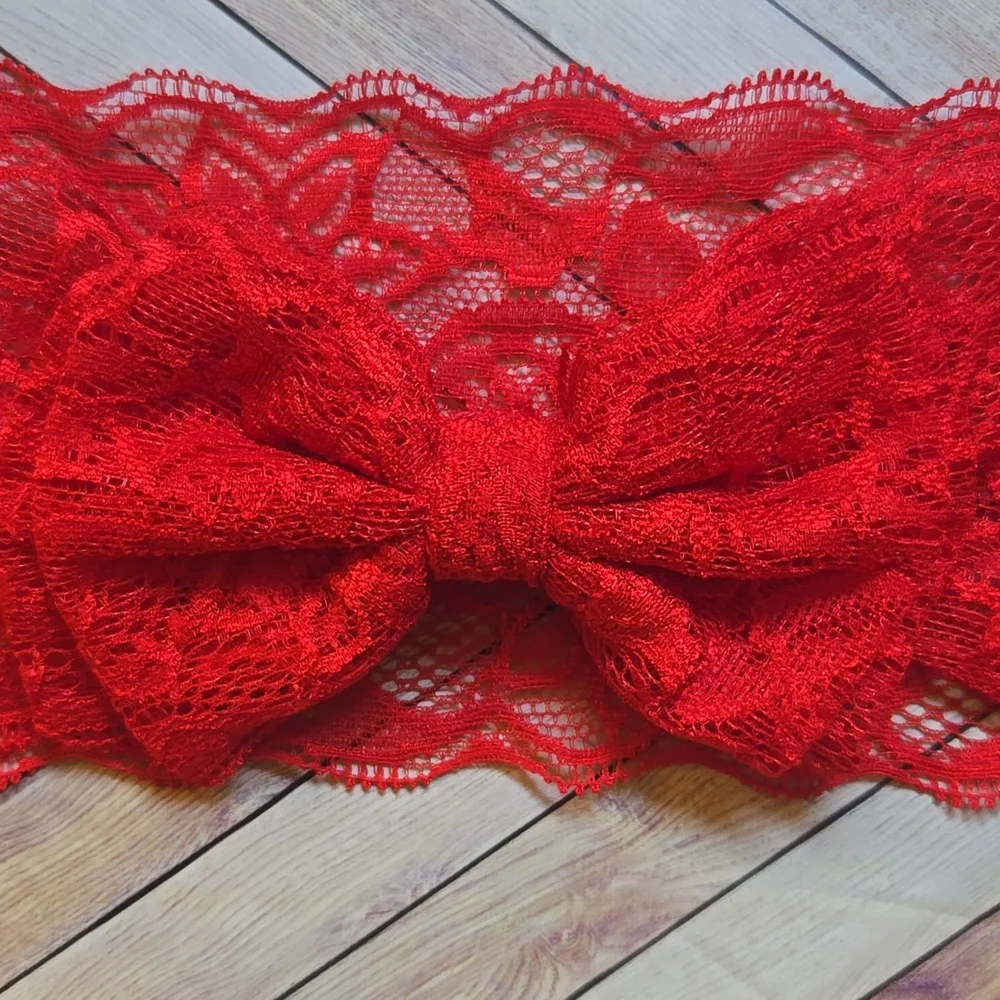 Set of 2 Wide Lace Bow Headbands Orange & Red Stretch Hairband Handmade Bundle